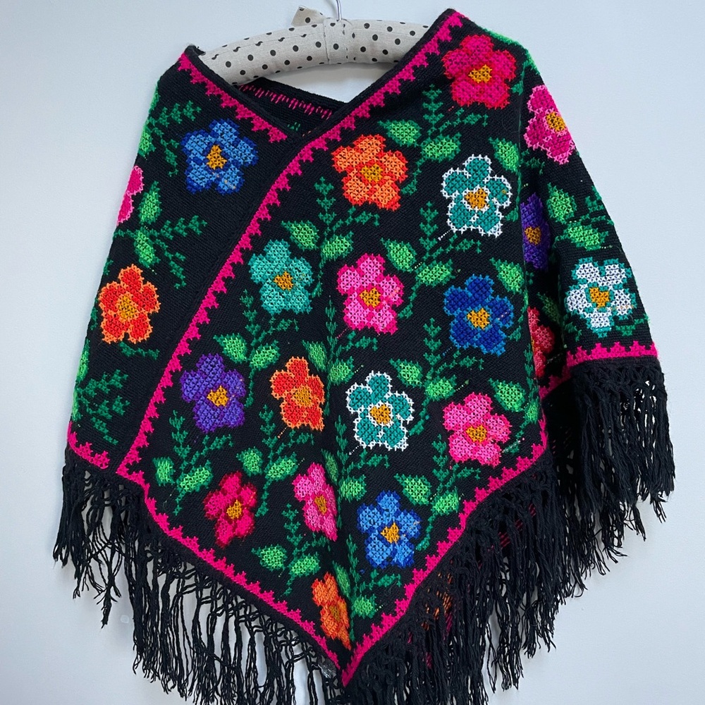 Floral Knit Poncho with Fringe